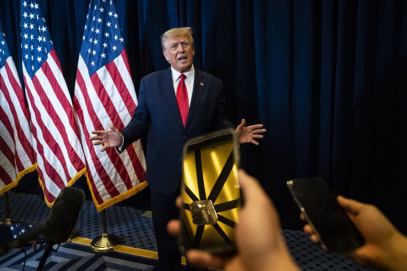 Fort Washington, MD - March 4 : Former President Donald J. Trump speaks to a select group of media during a press conference before speaking on the third and final day of the Conservative Political Action Conference CPAC held at the Gaylord National Resort & Convention Center on Saturday, March 04, 2023, in Fort Washington, MD. (Photo by Jabin Botsford/The Washington Post via Getty Images)