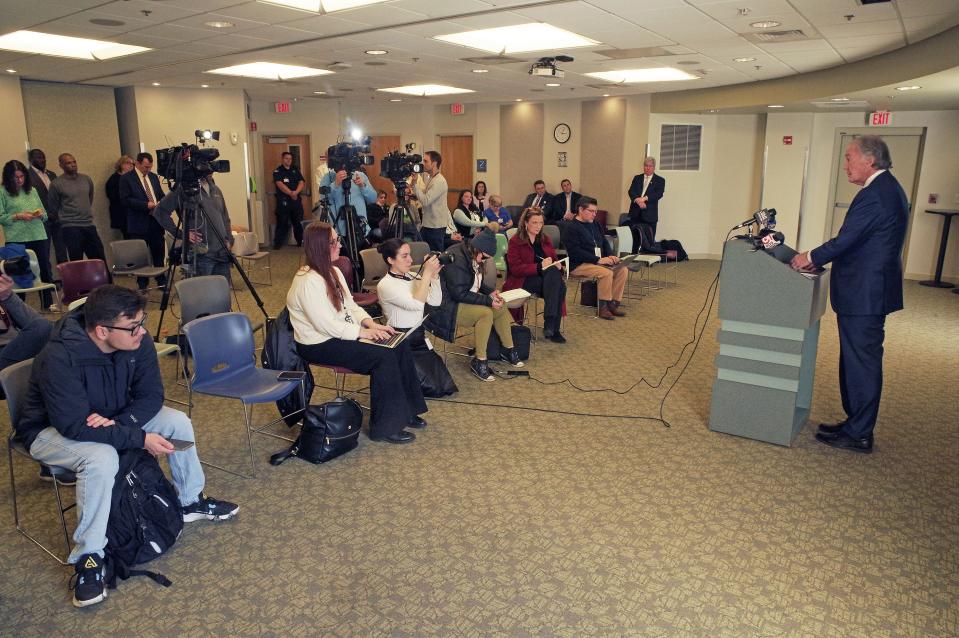 U.S. Sen. Ed Markey speaks to the media and hospital staff after touring Good Samaritan Medical Center in Brockton on Friday, March 1, 2024, as the hospital's owner, Steward Health Care, is embroiled in a financial crisis.