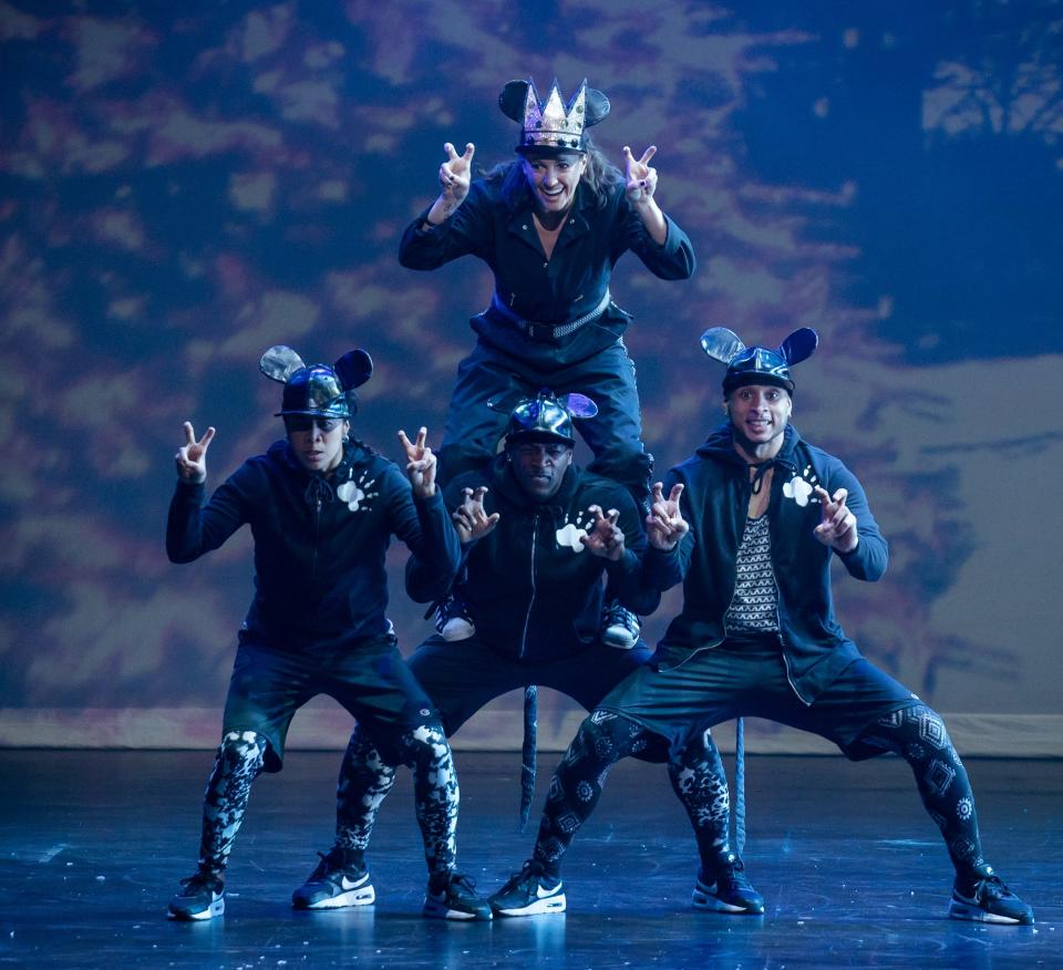 Jackie “JK-47” Agudo, Randi “Rascal” Freitas, Seth “REAKTION” Hilliard and Anthony “OMEN” Cabrera perform in "The Hip Hop Nutcracker," which will be presented Nov. 27, 2023, at the Morris Performing Arts Center in South Bend.