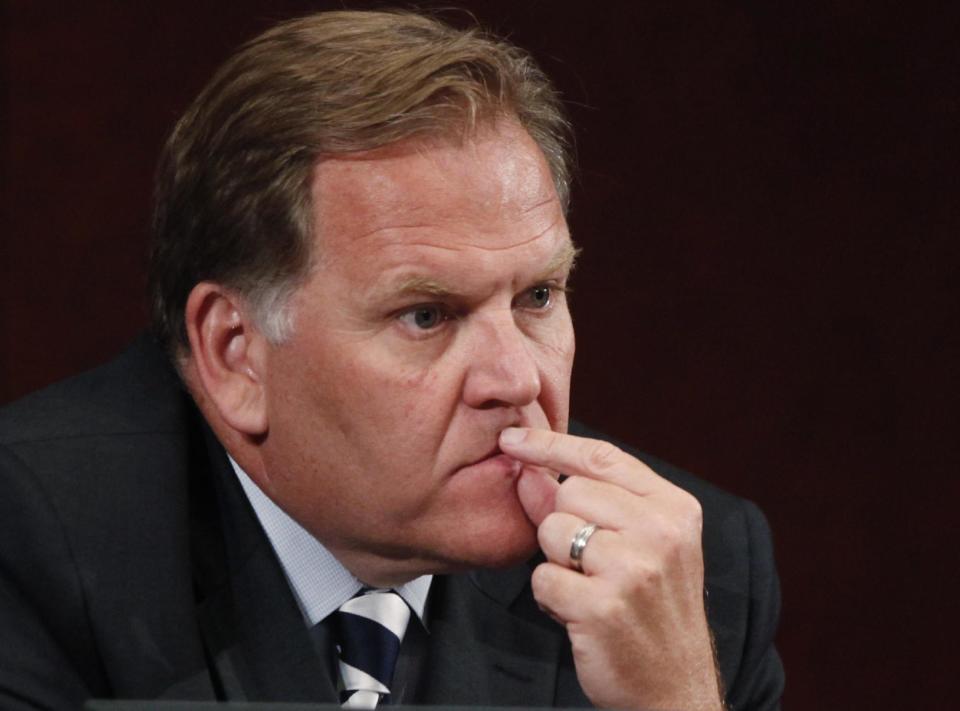 FILE - This June 18, 2013 file photo shows House Intelligence Committee Chairman Rep. Mike Rogers, R-Mich., listening to testimony on Capitol Hill in Washington. An American citizen who is a member of Al Qaida is actively planning attacks against Americans overseas, U.S. officials say, and the Obama administration is wrestling with whether to kill him with a drone strike and how to do so legally under its new stricter targeting policy issued last year. The CIA drones watching him cannot strike because he’s an American citizen and the Justice Department must build a case against him, a task it has not completed. (AP Photo/Charles Dharapak, File)