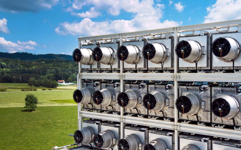 The CO2 is released and bound to water and thereafter pumped more than 700 metres underground. Underground, it reacts with the basaltic bedrock, forming solid minerals. A permanent, safe and irreversible storage solution is created. Thus reducing the carbon dioxide content in the atmosphere`. Pictured is the Climeworks direct air capture plant in Hinwil, Switzerland.