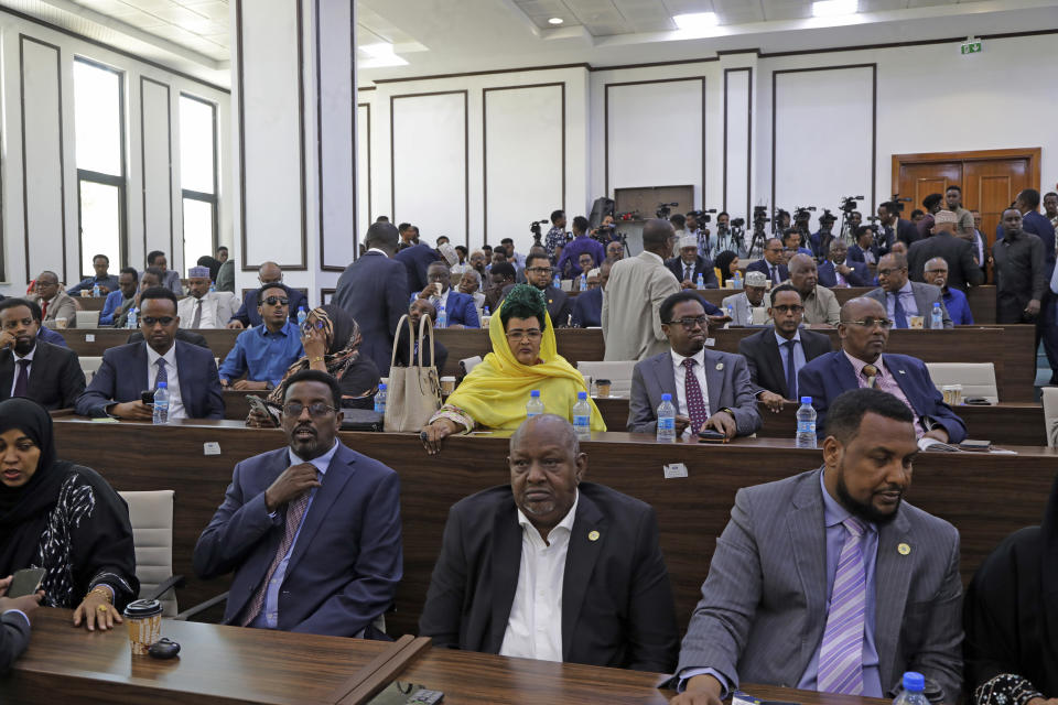 Somalia members of parliament listen to President Hassan Sheikh Mohamud at parliament buildings in Mogadishu, Somalia, Wednesday, Feb 21, 2024. Somalia announced a defense deal with Turkey to deter Ethiopia's access to sea through a breakaway region. Ethiopia signed a memorandum of understanding with Somaliland on Jan. 1. The document has rattled Somalia, which said it's prepared to go to war over it because it considers Somaliland part of its territory. (AP Photo/Farah Abdi Warsameh)
