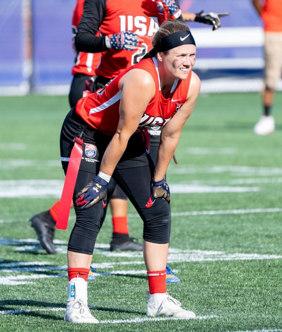 Mary Kate Bula on the flag football field with USA Football’s Women’s Flag National Team.