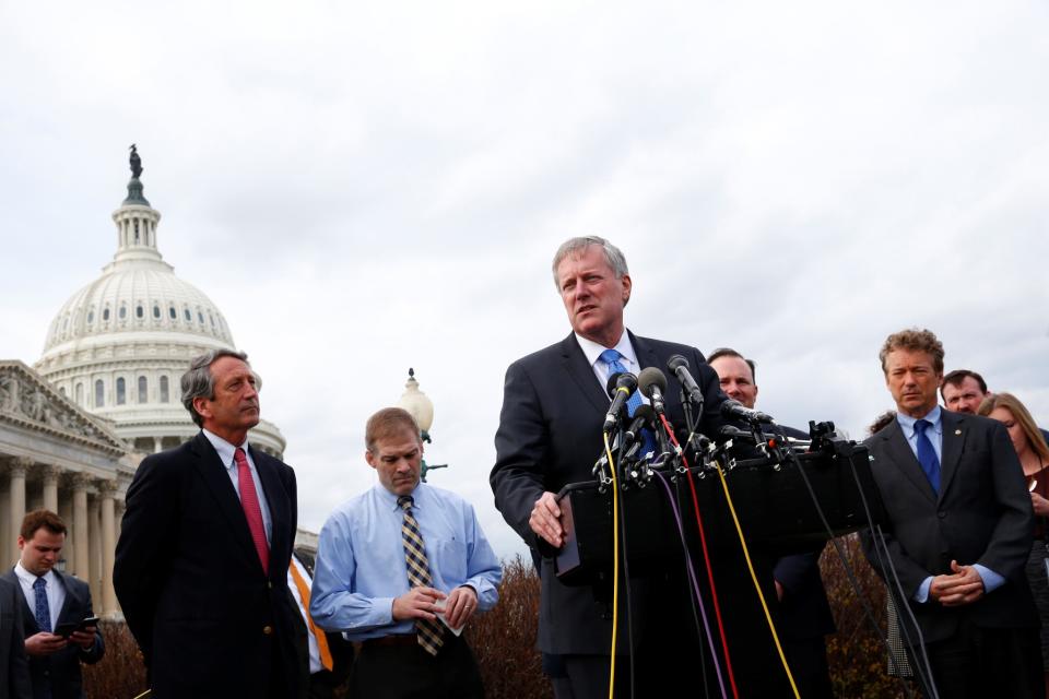 U.S. Rep. Mark Meadows (R-NC) and other members of the House Freedom Caucus hold a news conference on Capitol Hill in Washington, U.S. March 7, 2017. (Eric Thayer/Reuters)