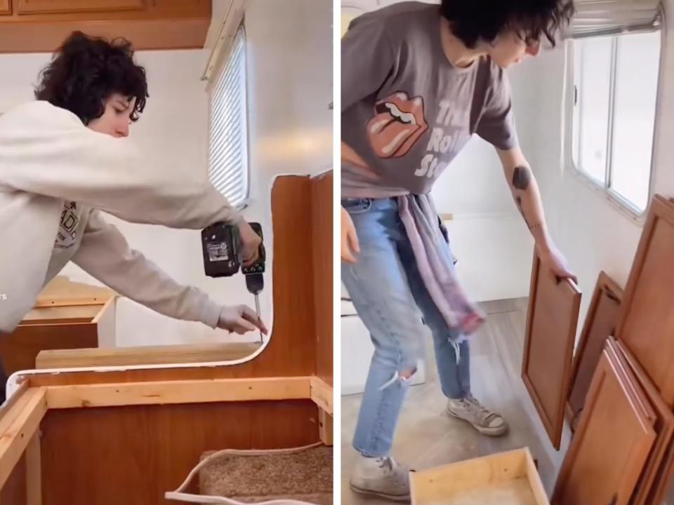 A collage showing Casey Smith dismantling all the original fixtures of the trailer.