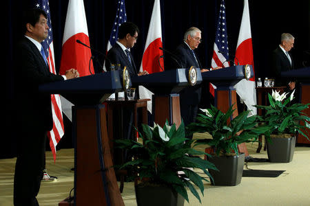 Japan's Defense Minister Itsunori Onodera (L-R), Japan's Foreign Minister Taro Kono, U.S. Secretary of State Rex Tillerson and U.S. Defense Secretary James Mattis hold a news conference after their U.S.-Japan Security talks at the State Department in Washington, U.S., August 17, 2017. REUTERS/Jonathan Ernst