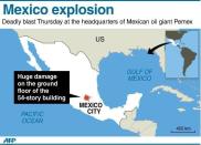 Graphic showing Mexico City where a huge explosion rocked the headquarters of state-owned oil giant Pemex in Mexico City. The death toll in a mystery explosion at the headquarters of Mexico's state-owned oil giant Pemex rose to 32 on Friday as rescuers dug through the rubble