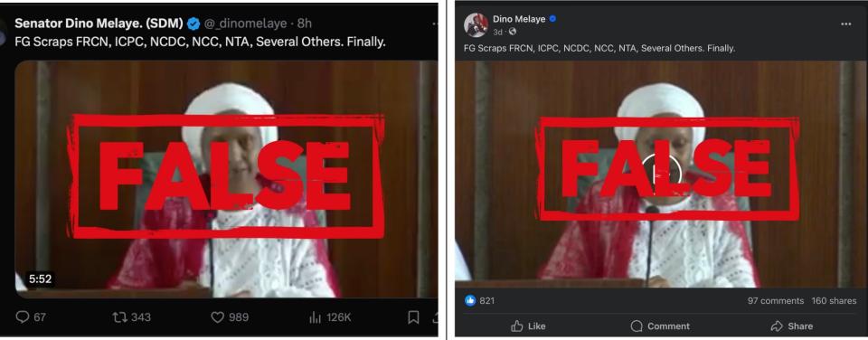 <span>Screenshots show the false claim on Melaye’s X and Facebook accounts, taken on April 21, 2024 </span>
