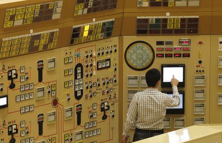 An employee checks a screen in a simulation of a control room at a Belgian nuclear power station in Tihange in this March 16, 2011 file photo. REUTERS/Yves Herman/Files