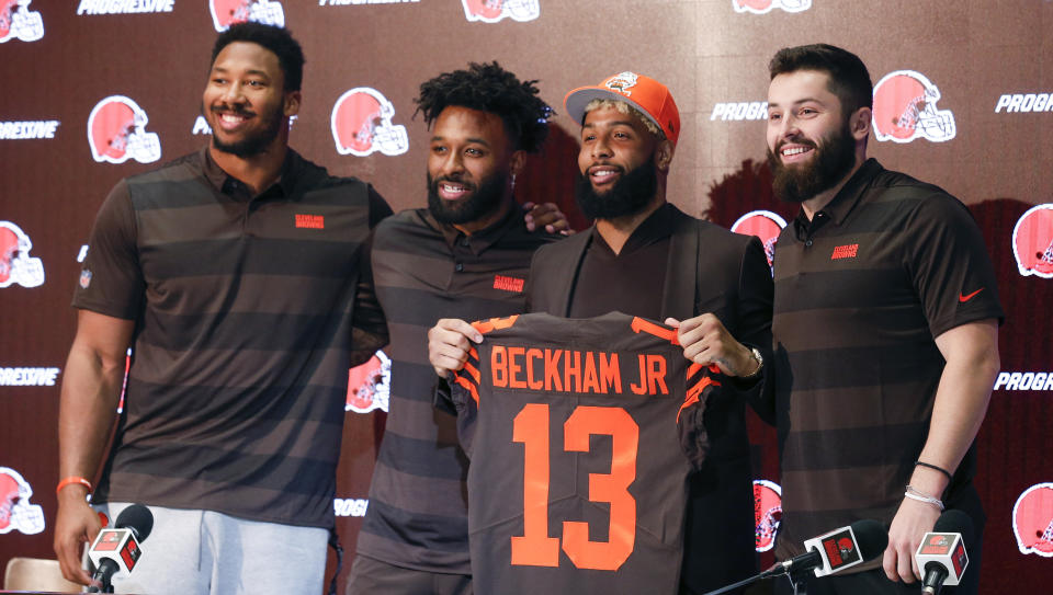 From left, Myles Garrett, Jarvis Landry, Odell Beckham and Baker Mayfield are big reasons for Browns optimism in 2019. (AP)