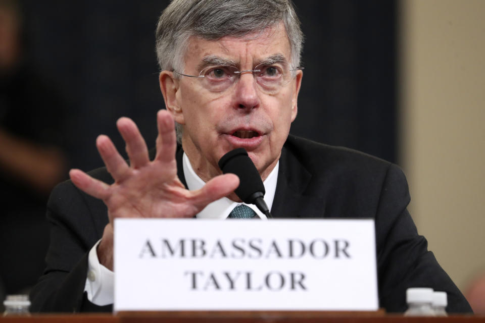 Top U.S. diplomat in Ukraine William Taylor testifies before the House Intelligence Committee on Capitol Hill in Washington, Wednesday, Nov. 13, 2019, during the first public impeachment hearing of President Donald Trump's efforts to tie U.S. aid for Ukraine to investigations of his political opponents. (AP Photo/Andrew Harnik)