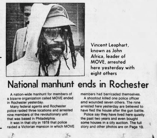 May 14, 1981, Democrat and Chronicle front page on the arrest of Vincent Leaphart, known as Joihn Africa in Rochester after a national manhunt