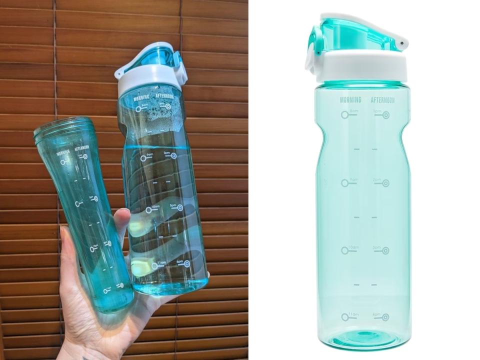 The woman shared a funny comparison of the before and after of her drink bottle after it went through the drink bottle, next to a regular sized one. Source: Facebook/Kmart Hacks & Decor 