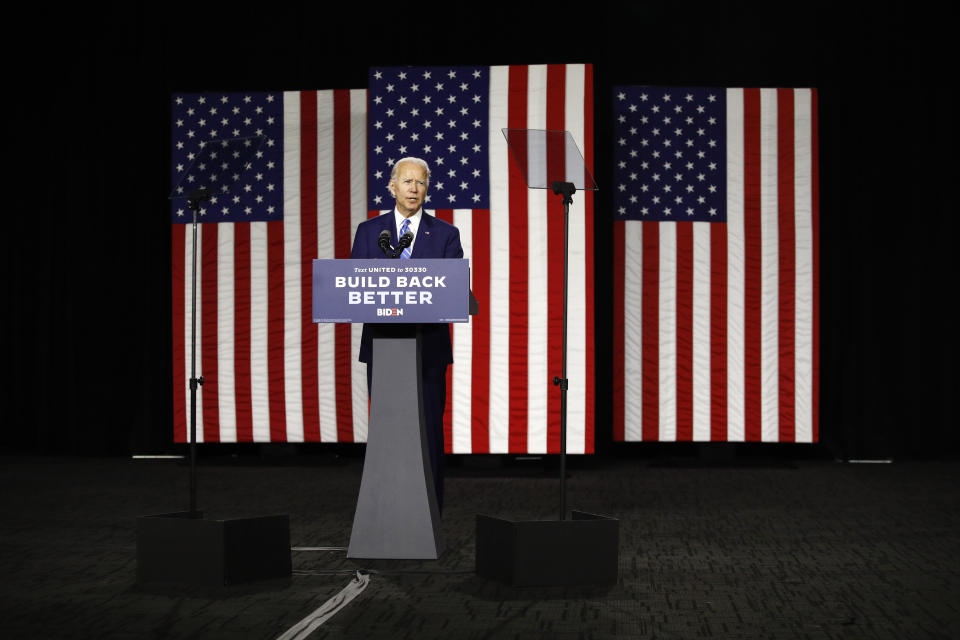 Democratic presidential candidate, former Vice President Joe Biden speaks during a campaign event, Tuesday, July 14, 2020, in Wilmington, Del. (AP Photo/Patrick Semansky)