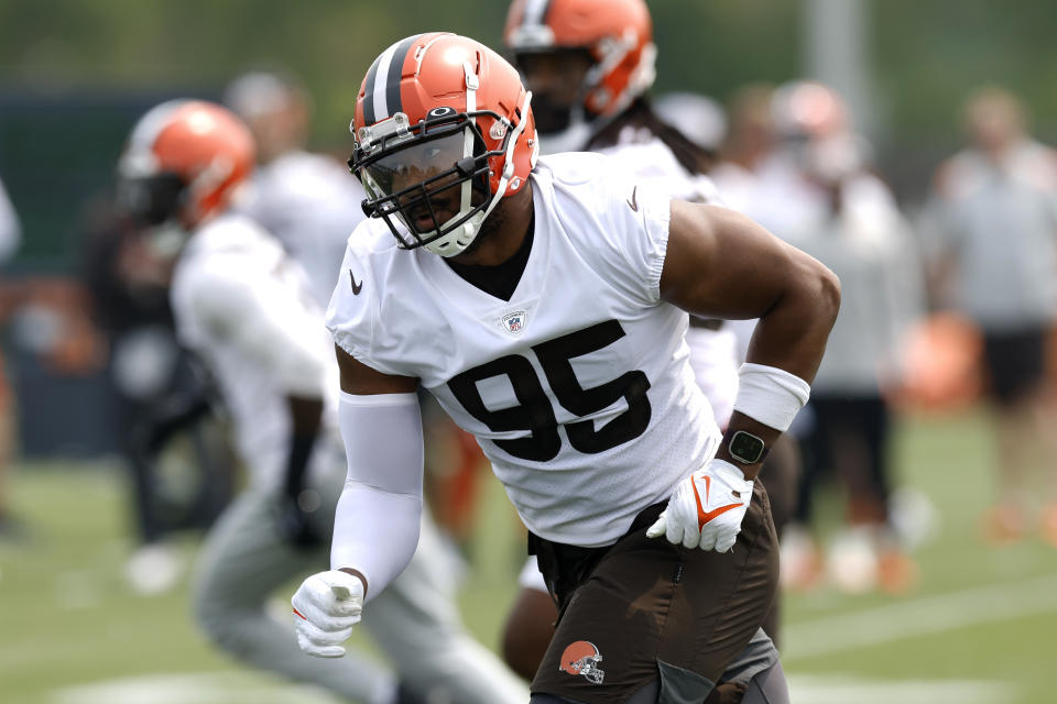 Cleveland Browns defensive end Myles Garrett takes part in drills at the NFL football team's practice facility Tuesday, June 6, 2023, in Berea, Ohio. (AP Photo/Ron Schwane)