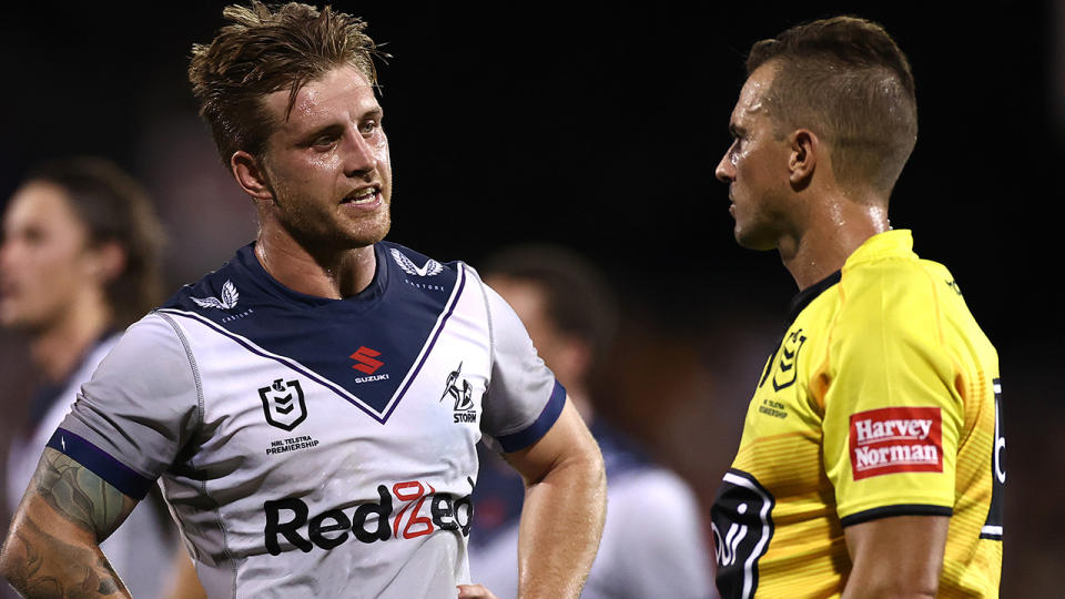 Cameron Munster faces a battle to be fit for the Storm's NRL finals clash against Manly. (Photo by Cameron Spencer/Getty Images)