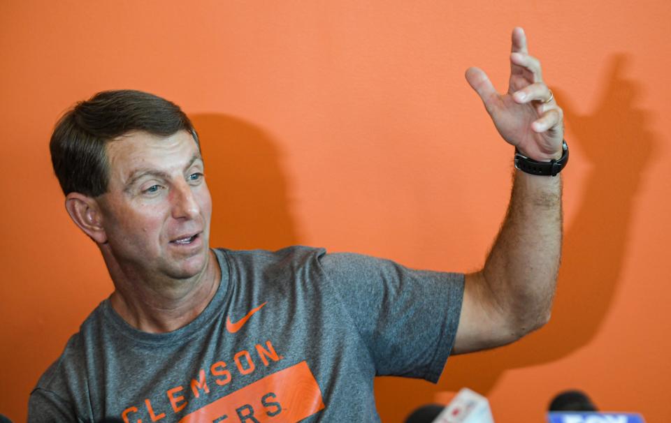 Clemson head coach Dabo Swinney talks to the media before the first day of fall football practice at the Allen Reeves Complex in Clemson Friday, August 5, 2022.