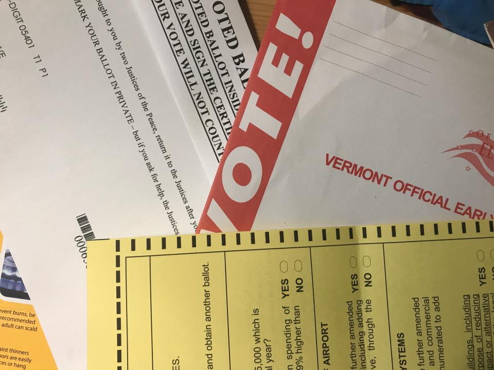 An early/absentee ballot awaits a Burlington voter's choices on March 1, 2021.