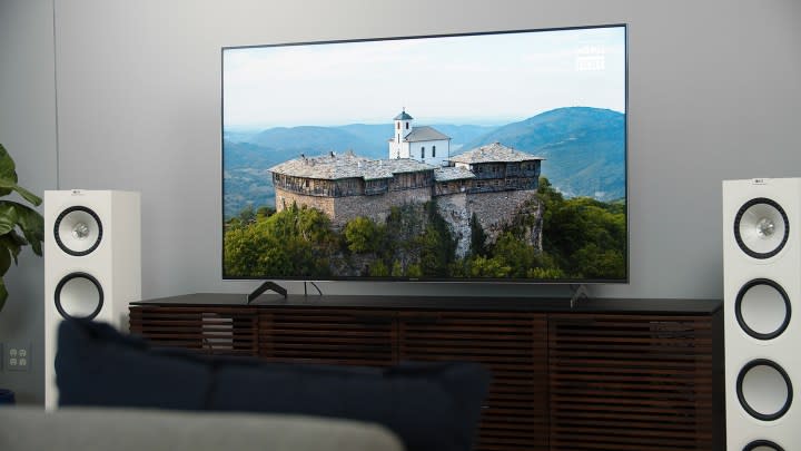 A mountaintop stone house viewed on a Sony X900H HDR TV.