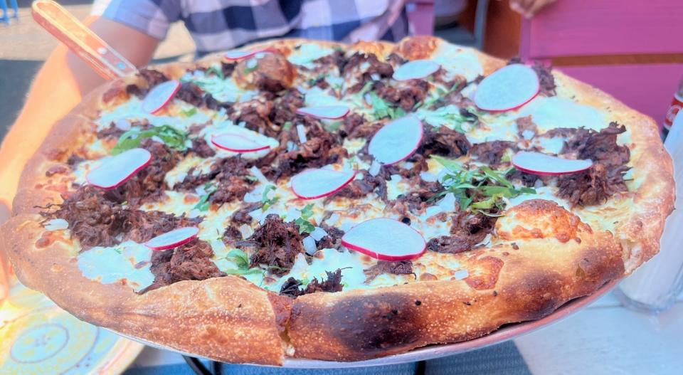 The meaty, beefy birria pizza at La Tentacion Pizza and Mexican Grill in Westville, New Jersey.