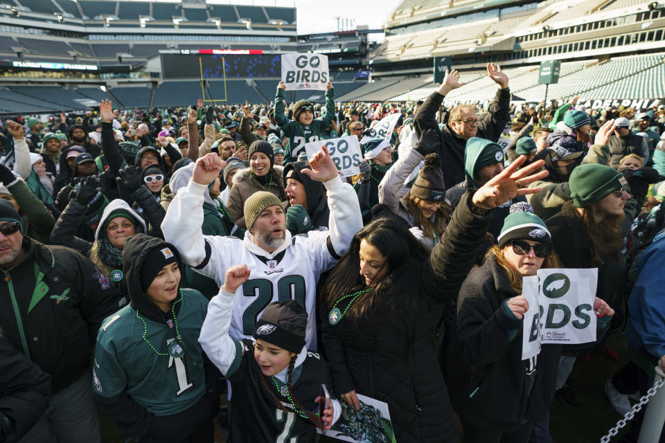 Philadelphia Eagles fans react as the come for the party during the Eagles Send Off Party for Super Bowl LVII, Sunday, Feb. 5, 2023, in Philadelphia. (AP Photo/Chris Szagola)