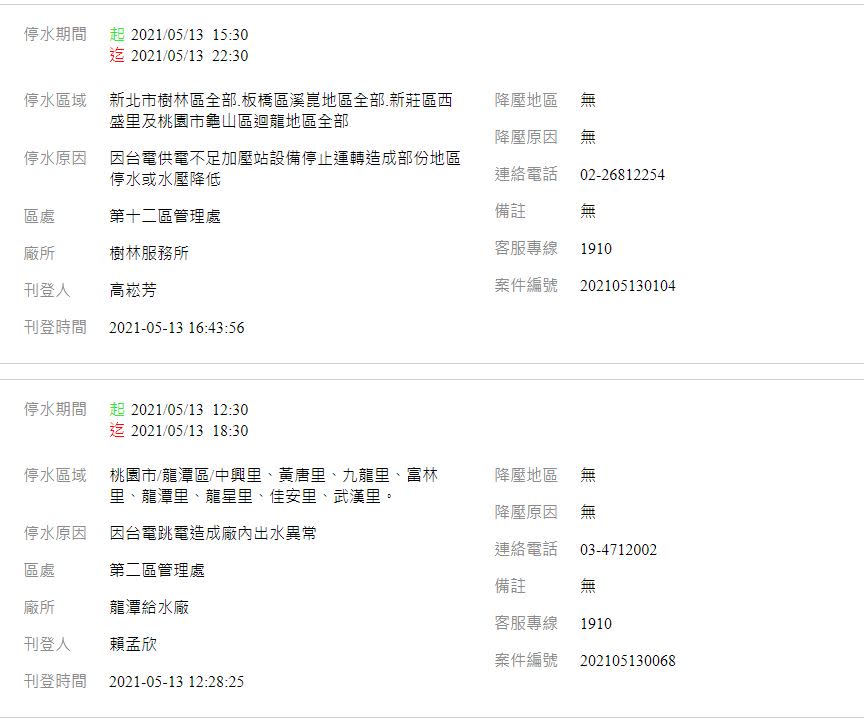 台灣自來水公司停水公告。（截圖自台灣自來水公司停水）