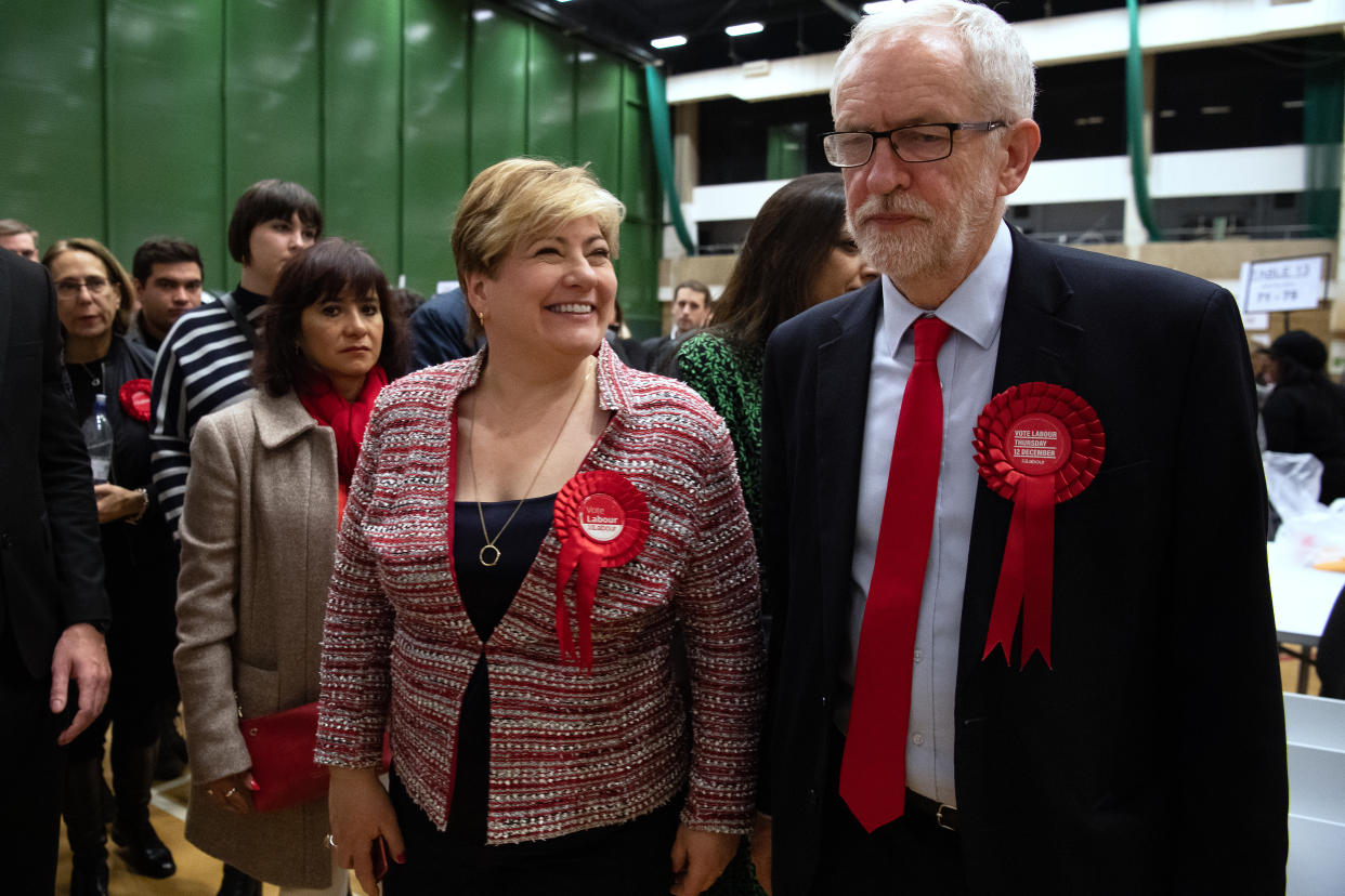 LONDON, ENGLAND - DECEMBER 13: Labour Party leader Jeremy Corbyn (R) and Shadow Foreign Secretary Emily Thornberry meet after both retaining their Parliamentary seats following the count at Sobell leisure centre on December 13, 2019 in London, England. Labour leader Jeremy Corbyn has held the Islington North seat since 1983. The current Conservative Prime Minister Boris Johnson called the first UK winter election for nearly a century in an attempt to gain a working majority to break the parliamentary deadlock over Brexit. The election results from across the country are being counted overnight and an overall result is expected in the early hours of Friday morning. (Photo by Leon Neal/Getty Images)