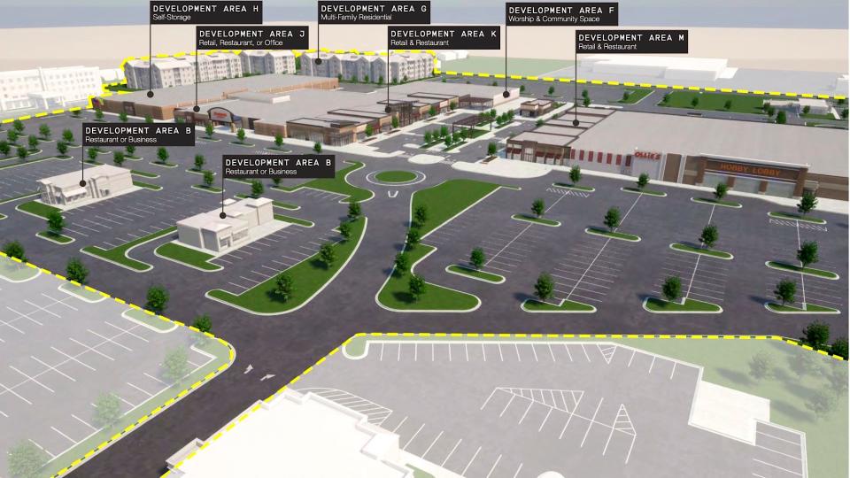 This rendering shows a potential look for the redevelopment of the Adrian Mall, proposed by the Adrian Development Group and architecture firm The Collaborative. This view of the mall from South Main Street shows possible standalone restaurants or businesses within the mall's parking lot, the addition of multi-unit housing or condominiums, an outdoor boulevard, and development areas for retail or restaurant businesses.