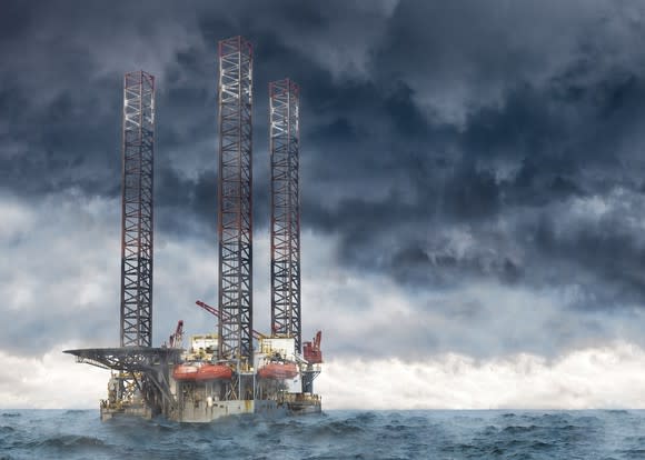 Offshore drilling rig in rough seas.