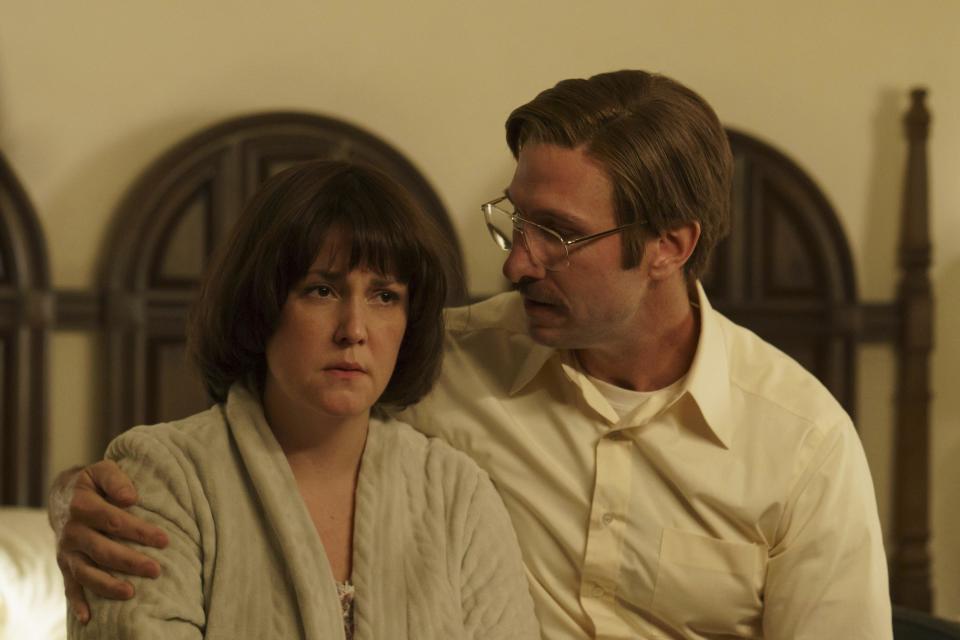 This image released by Hulu shows Melanie Lynskey, left, and Pablo Schreiber in the series "Candy." (Hulu via AP)