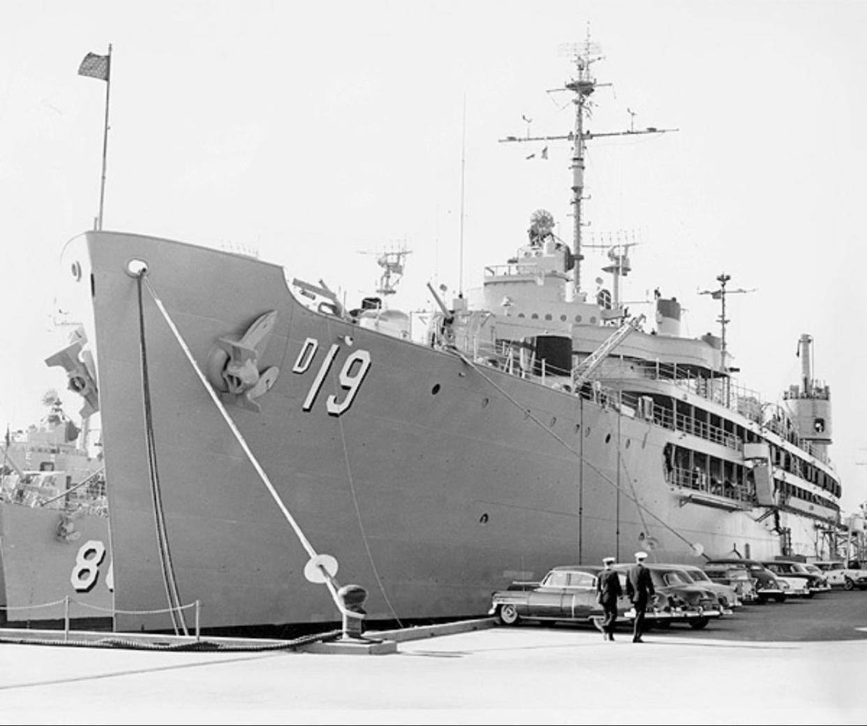 USS Yosemite (AD-19) moored in her homeport berth at Pier One, Naval Station Newport, in the mid-1960s. The ship was based in Melville or Newport from 1946 to 1969.