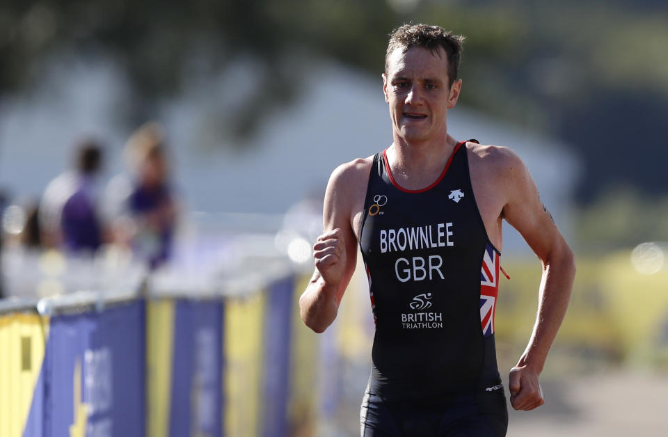 Alistair Brownlee of Great Britain participates in the running discipline of the men's triathlon finals at Strathclyde Country Park during the European Championships in North Lanarkshire, Scotland, Friday, Aug. 10, 2018. (AP Photo/Darko Bandic)