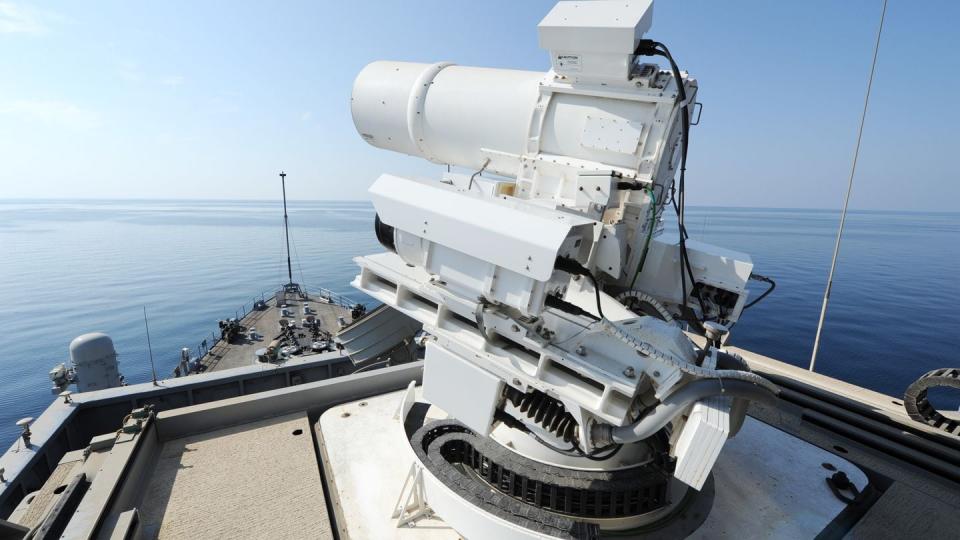 The amphibious transport dock Ponce tested a laser weapon in the Persian Gulf in 2014. (Courtesy of the U.S. Navy)