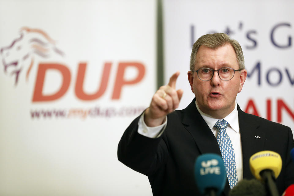 Democratic Unionist Party (DUP) leader Jeffrey Donaldson speaks to the media during a press conference at Hinch Distillery, Temple, Northern Ireland, Tuesday, Jan. 30, 2024. The Unionist leader met with his executive members who have agreed to endorse a deal and restore power sharing in Northern Ireland. (AP Photo/Peter Morrison)