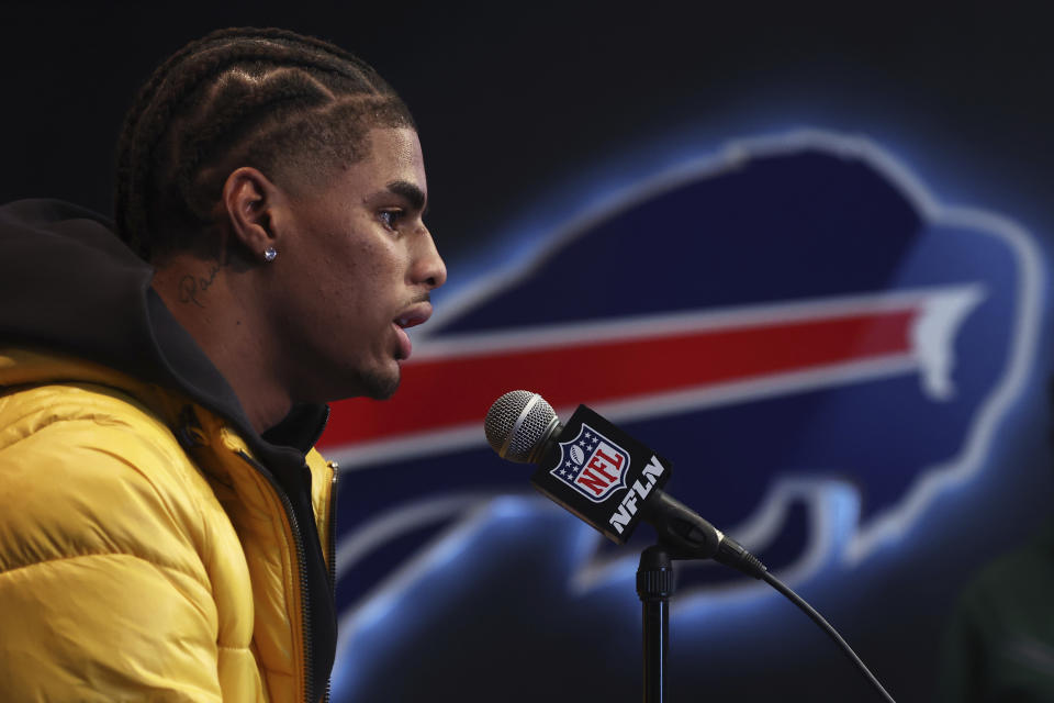 Buffalo Bills second-round draft pick Keon Coleman addresses the media during an NFL football news conference in Orchard Park, N.Y., Saturday, April 27, 2024. (AP Photo/Jeffrey T. Barnes)