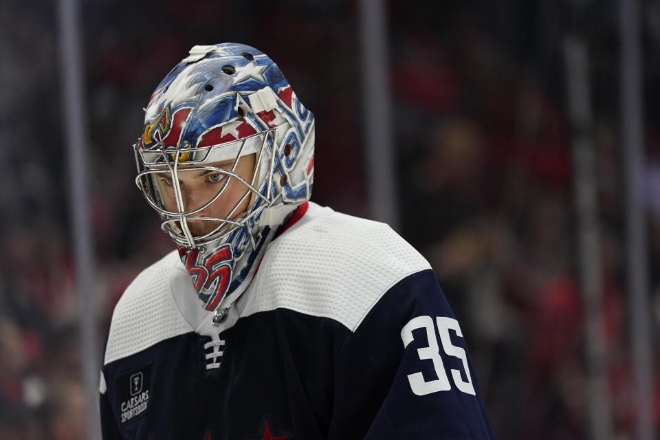 Washington Capitals goaltender Darcy Kuemper skates in the second period of an NHL hockey game against the Tampa Bay Lightning, Friday, Nov. 11, 2022, in Washington. (AP Photo/Patrick Semansky)