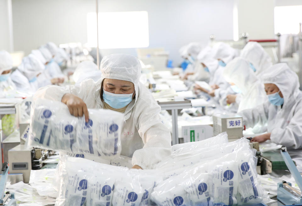 A medical supply production line at a factory in Huaian, China. (China Daily via Reuters)