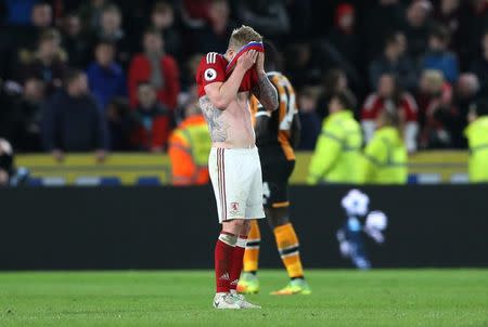 Britain Soccer Football - Hull City v Middlesbrough - Premier League - The Kingston Communications Stadium - 5/4/17 Middlesbrough's Adam Clayton looks dejected after the match Reuters / Scott Heppell Livepic