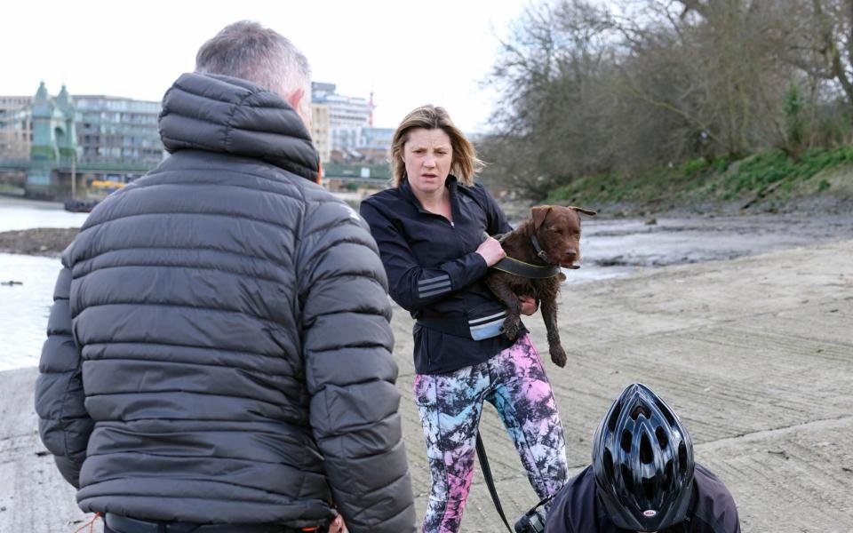 Dog owner and dog that attacked seal watch as Passersbys tend to the seal after it was attacked near Hammersmith Bridge Â© Duncan Phillips Tel 07774-161-573 duncanphillips@mac.com NUJ recommended terms & conditions apply. Moral rights asserted under Copyright Designs & Patents Act 1988. Credit is required. No part of this photo to be stored, reproduced, manipulated or transmitted by any means without permission. - Duncan Phillips