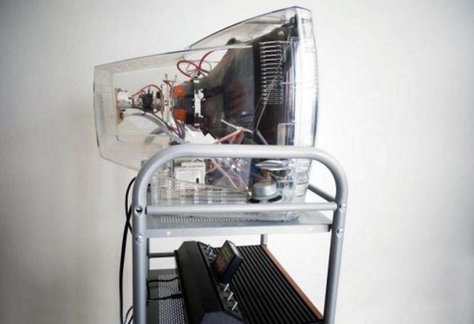 The artist uses TV sets with clear casings in some of his works, including in “Atari Poetry VI” (2006). The TVs were originally used in prisons.