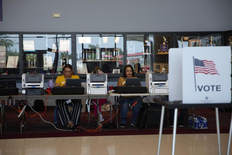 Poll workers await voters at Las Cruces High School for the June 4, 2024 New Mexico Primary Election.