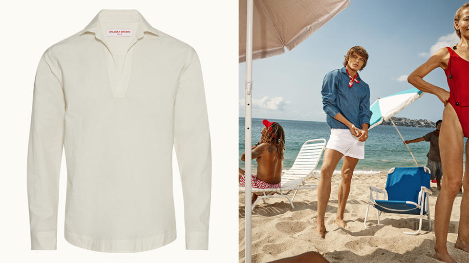 Capri-collar popover shirt; a model wearing pieces from the collaboration.