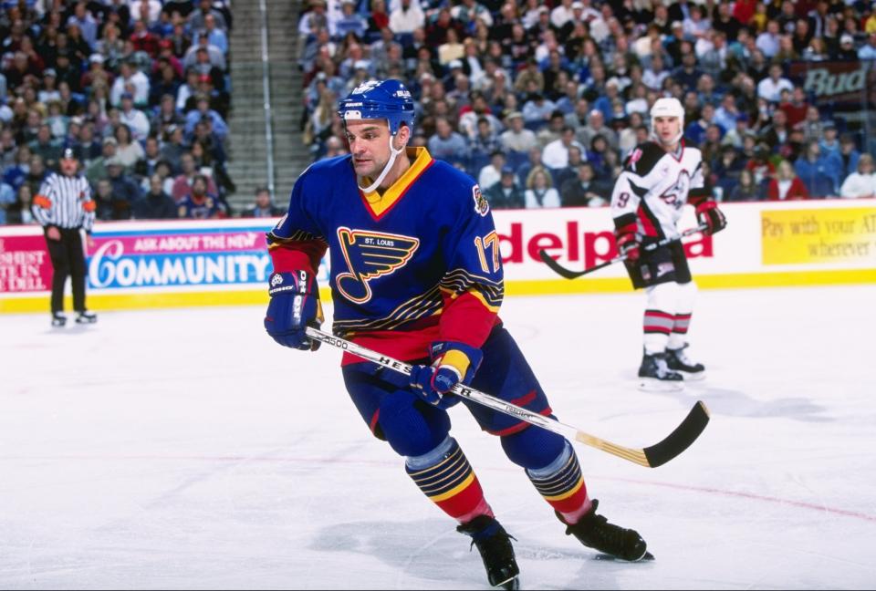 3 Jan 1997: Rightwinger Joe Murphy of the St. Louis Blues moves down the ice during a game against the Buffalo Sabres at the Marine Midland Arena in Buffalo, New York. The game was a tie, 2-2.