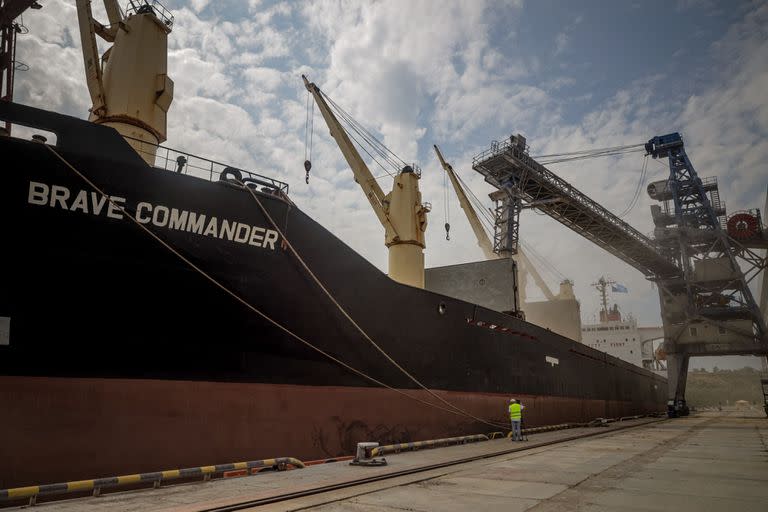 El primer buque fletado por la ONU, MV Brave Commander, carga más de 23.000 toneladas de grano para exportar a Etiopía, en Yuzhne, al este de Odessa en la costa del Mar Negro, el 14 de agosto de 2022.  (OLEKSANDR GIMANOV / AFP)