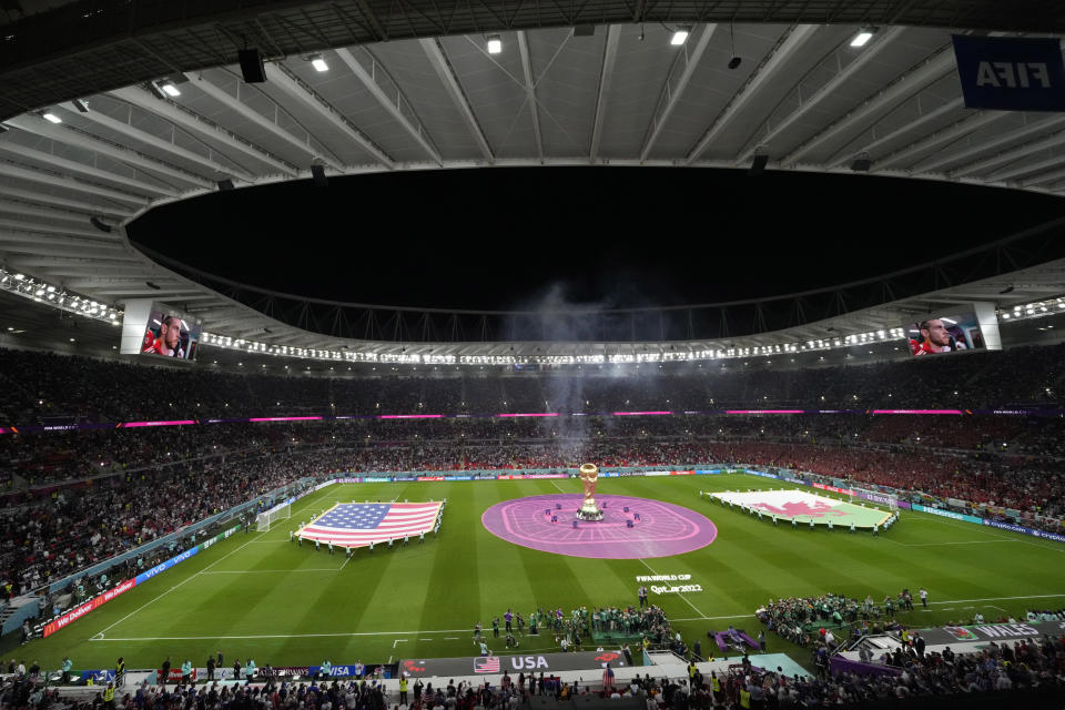 FILE - A general view ahead of the World Cup, group B soccer match between the United States and Wales, at the Ahmad Bin Ali Stadium in in Doha, Qatar, Monday, Nov. 21, 2022. (AP Photo/Themba Hadebe, File)