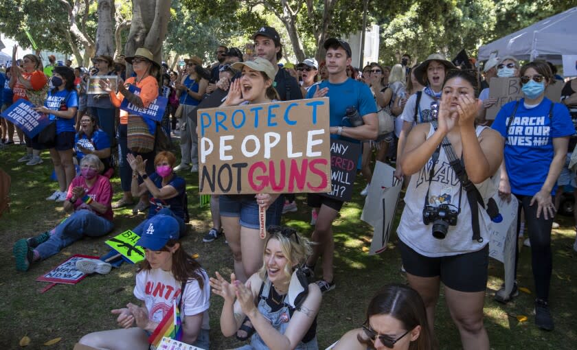 Los Angeles, CA - June 11: Hundreds of people participate in a rally during the March for our Lives against gun violence event downtown on Saturday, June 11, 2022 in Los Angeles, CA. (Brian van der Brug / Los Angeles Times)