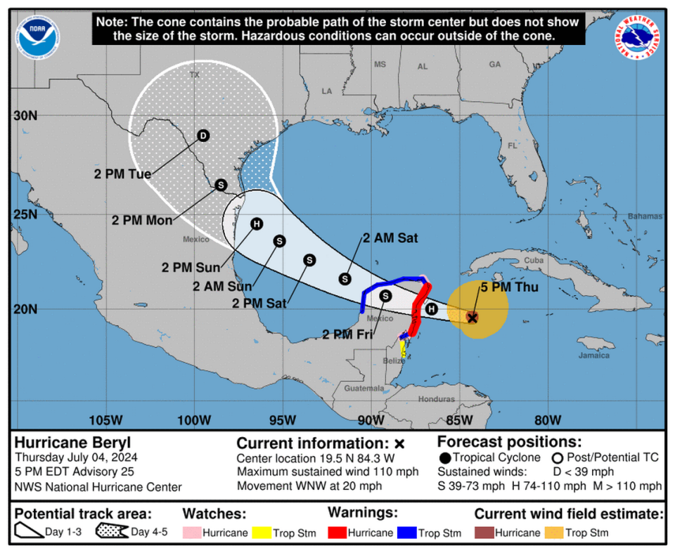 Hurricane Beryl held onto its Category 2 status Thursday evening as it approached Mexico, where it is expected to hit as a Category 1 hurricane on Friday.