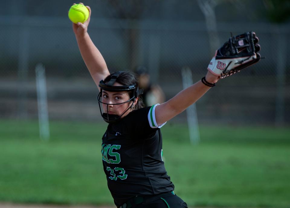 St. Mary's Angelina Martinez delivers a pitch against Tracy during a varsity softball game at the Tracy Sports Complex in Tracy on Mar. 21, 2024. Tracy won 5-1.