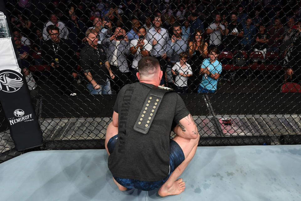 NEWARK, NJ - AUGUST 03:  Colby Covington speaks to the Trump family after the conclusion of his welterweight bout against Robbie Lawler during the UFC Fight Night event at the Prudential Center on August 3, 2019 in Newark, New Jersey. (Photo by Josh Hedges/Zuffa LLC/Zuffa LLC via Getty Images)