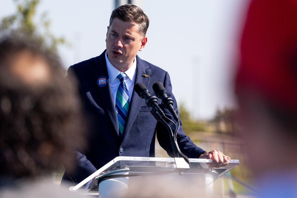 Oklahoma City Mayor David Holt speaks Sept. 28 at a gathering with representatives of the Greater Oklahoma City Chamber to help announce the official campaign for a new arena in Oklahoma City.